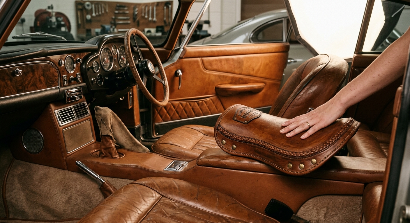 Int&eacute;rieur de voiture de collection et selle de moto