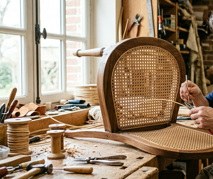 Artisan tapissier travaillant sur le cannage d'une chaise en bois dans son atelier